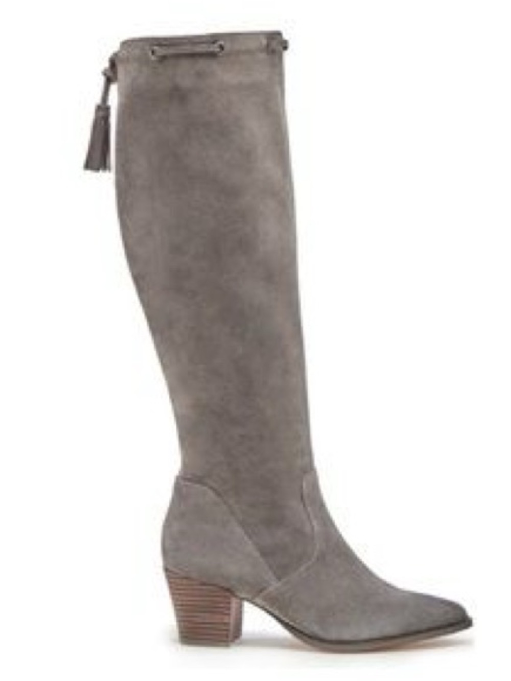 Grey suede knee high boots tassel western boho cowgirl heeled pointed toe